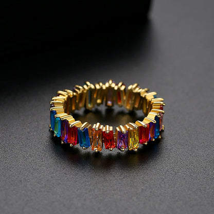 Multicolor Crystal and 18K Gold-Plated Baguette-Cut Ladder Band, gold statement rings for women, everyday style, side view