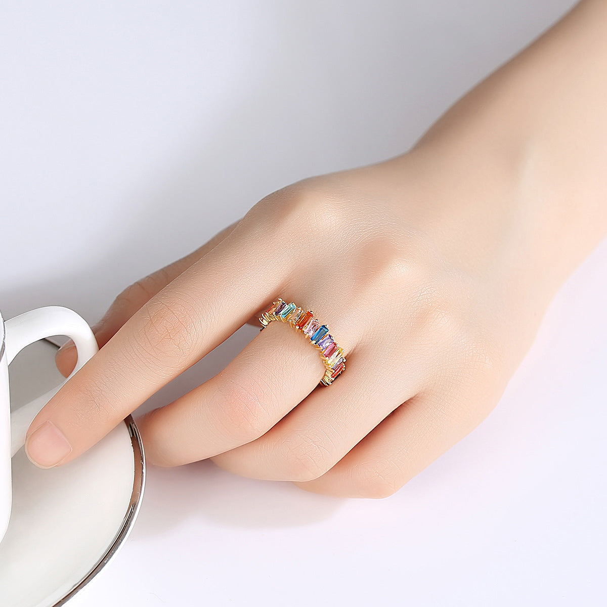 Multicolor Crystal and 18K Gold-Plated Baguette-Cut Ladder Band, gold statement rings for women, lifestyle look