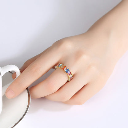 Multicolor Crystal and 18K Gold-Plated Baguette-Cut Ladder Band, gold statement rings for women, lifestyle look