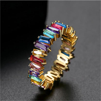 Multicolor Crystal and 18K Gold-Plated Baguette-Cut Ladder Band, gold statement rings for women, detail close-up