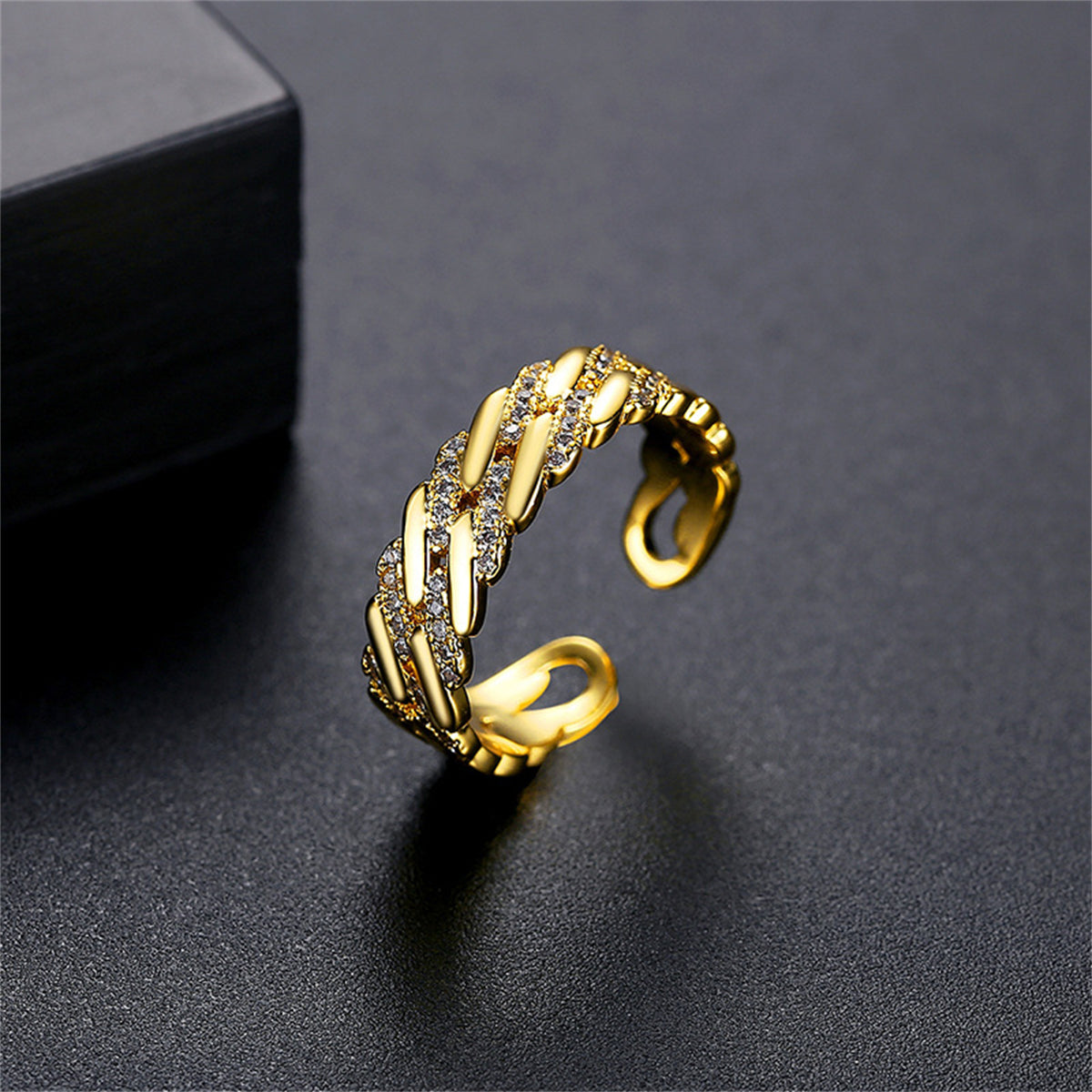 Cubic Zirconia and 18K Gold-Plated Geometric Open Ring, gold statement rings for women, dainty minimalist design, side view