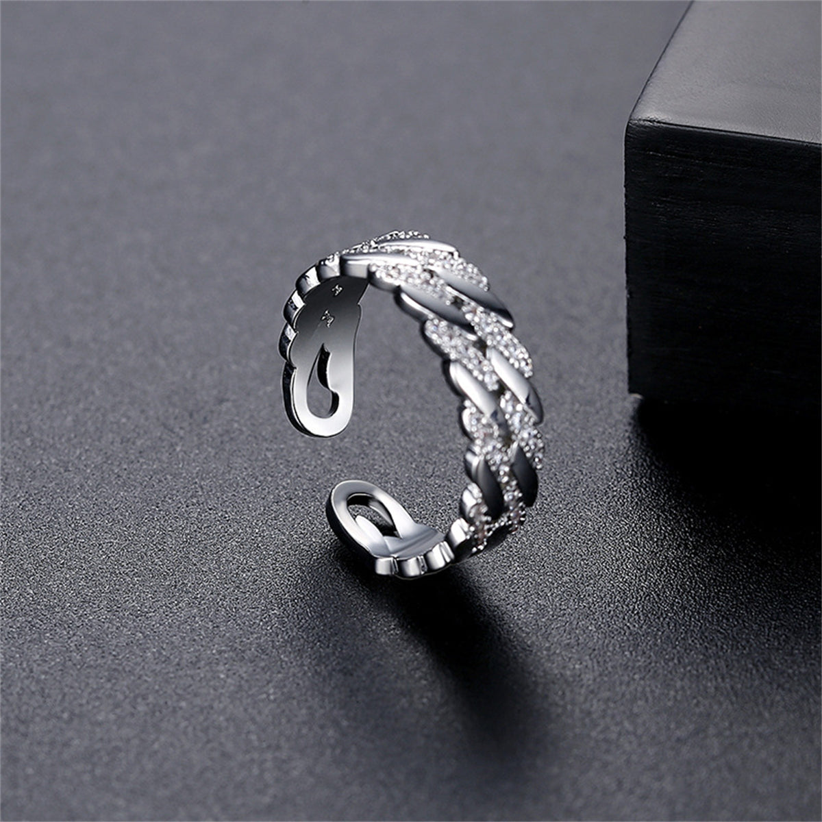 Cubic Zirconia and Silver-Plated Twine Open Ring, silver statement rings for women, vintage-inspired design, front view