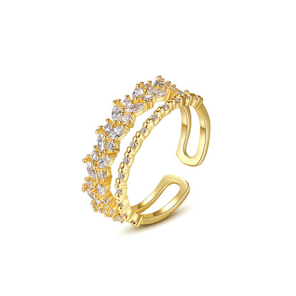 Crystal and 18K Gold-Plated Marquise-Cut Layered Open Ring, gold statement rings for women, botanical inspired, front view