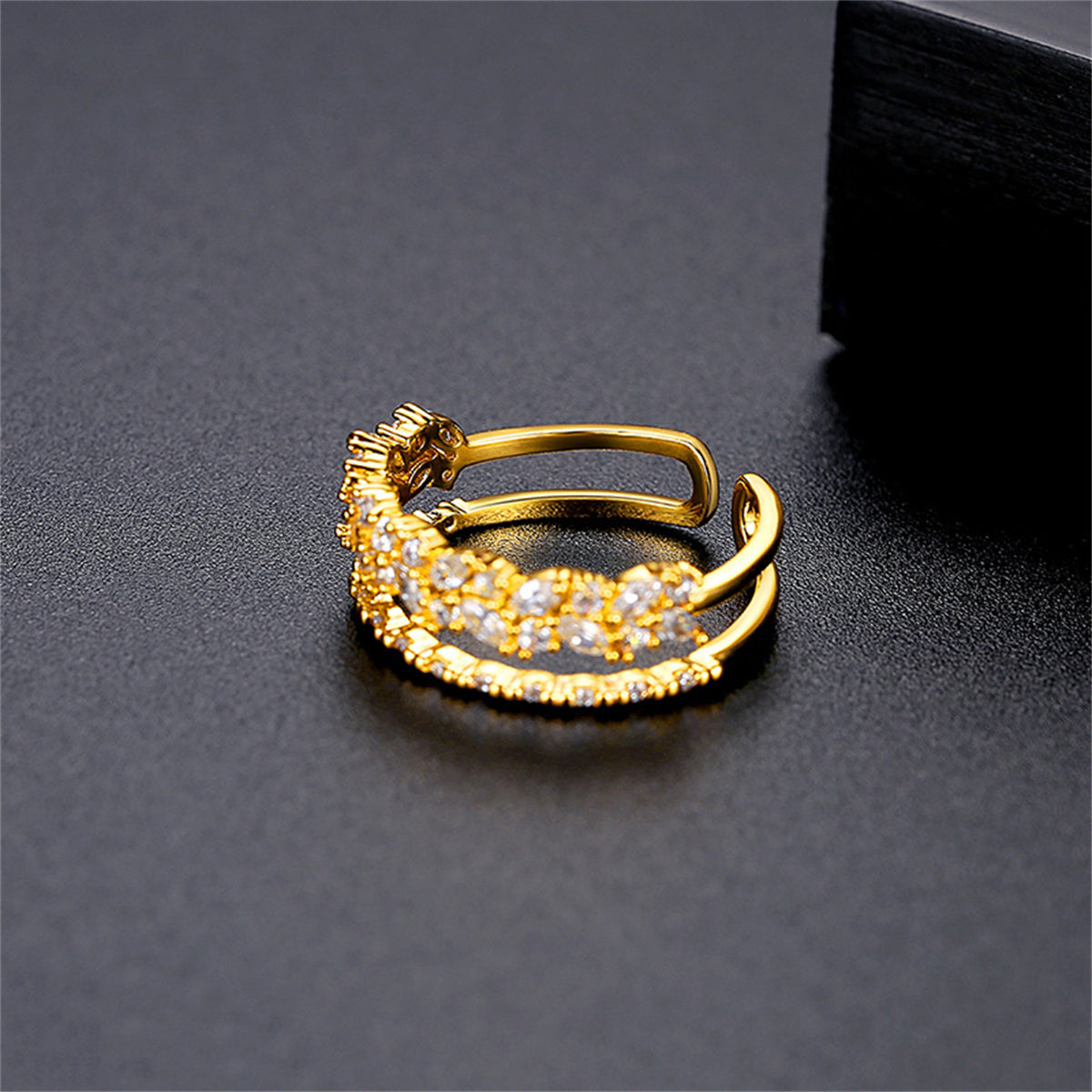 Crystal and 18K Gold-Plated Marquise-Cut Layered Open Ring, gold statement rings for women, botanical inspired, side view