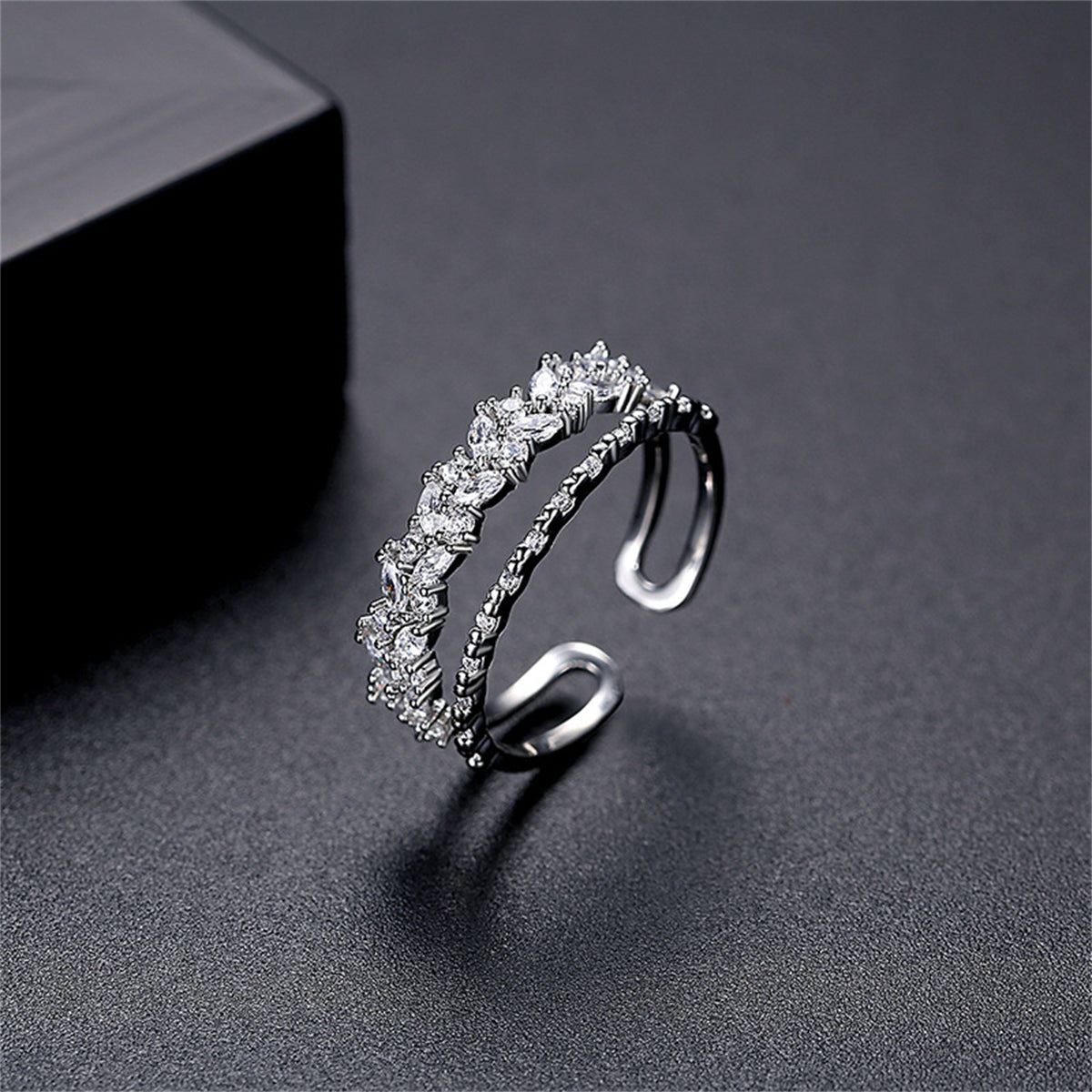 Crystal and Silver-Plated Marquise-Cut Layered Open Ring, silver statement rings for women, everyday style, front view