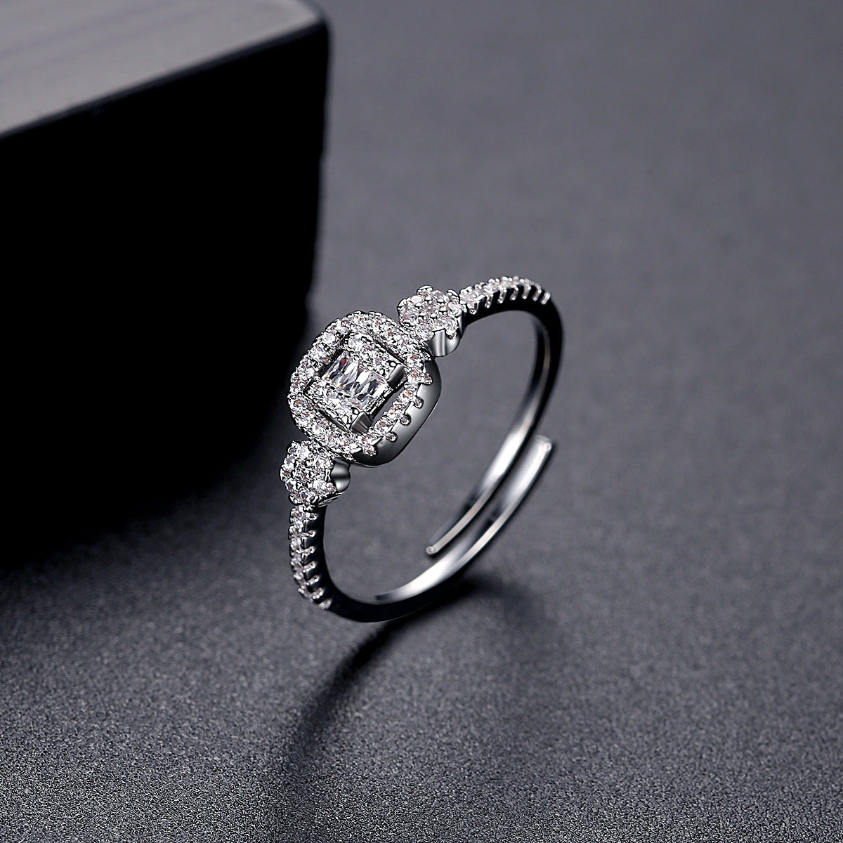 Cubic Zirconia and Crystal Silver-Plated Adjustable Ring, silver statement rings for women, detail close-up