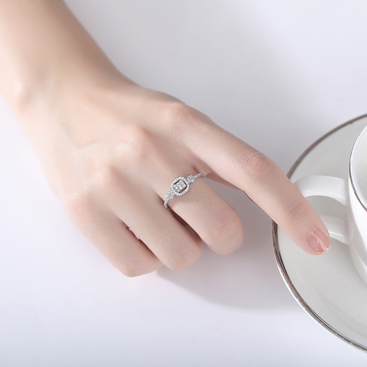 Cubic Zirconia and Crystal Silver-Plated Adjustable Ring, silver statement rings for women, elegant gift for her, front view
