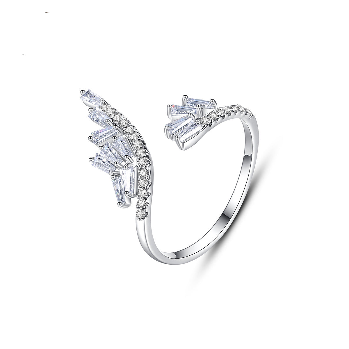Crystal and Cubic Zirconia Silver-Plated Rattan Open Ring, silver statement rings for women, botanical inspired, front view