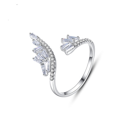 Crystal and Cubic Zirconia Silver-Plated Rattan Open Ring, silver statement rings for women, botanical inspired, front view