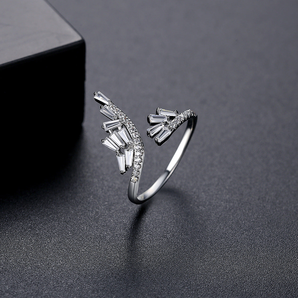 Crystal and Cubic Zirconia Silver-Plated Rattan Open Ring, silver statement rings for women, botanical inspired, side view