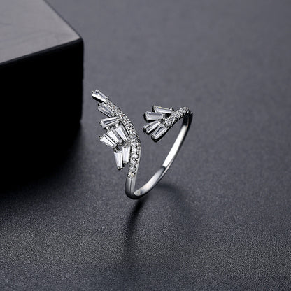 Crystal and Cubic Zirconia Silver-Plated Rattan Open Ring, silver statement rings for women, botanical inspired, side view
