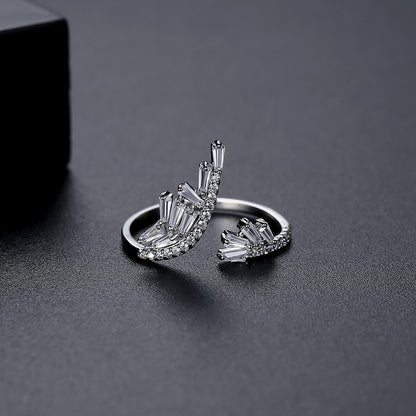 Crystal and Cubic Zirconia Silver-Plated Rattan Open Ring, silver statement rings for women, detail close-up