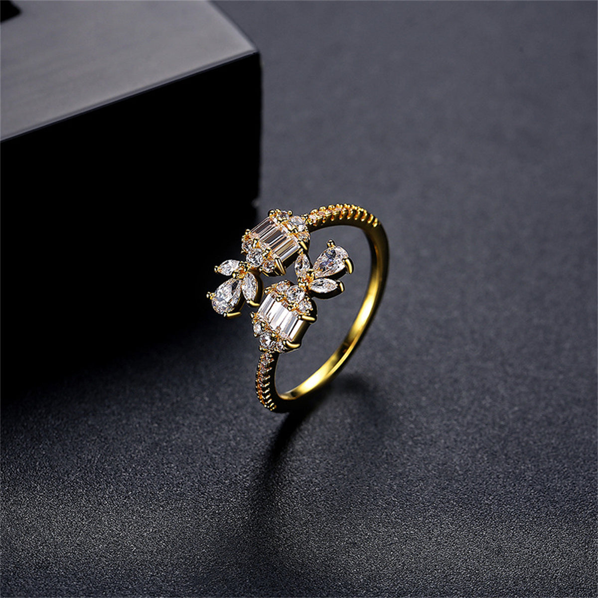 Crystal and Cubic Zirconia 18K Gold-Plated Botanical Bypass Ring, gold statement rings for women, everyday style, side view