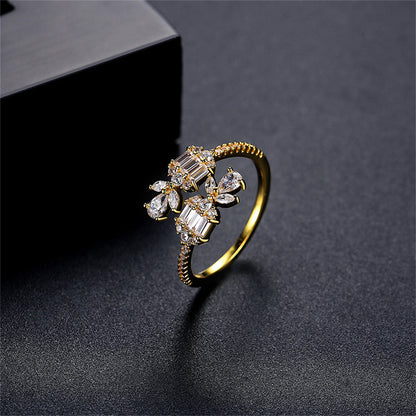 Crystal and Cubic Zirconia 18K Gold-Plated Botanical Bypass Ring, gold statement rings for women, everyday style, side view