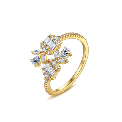 Crystal and Cubic Zirconia 18K Gold-Plated Botanical Bypass Ring, gold statement rings for women, everyday style, front view