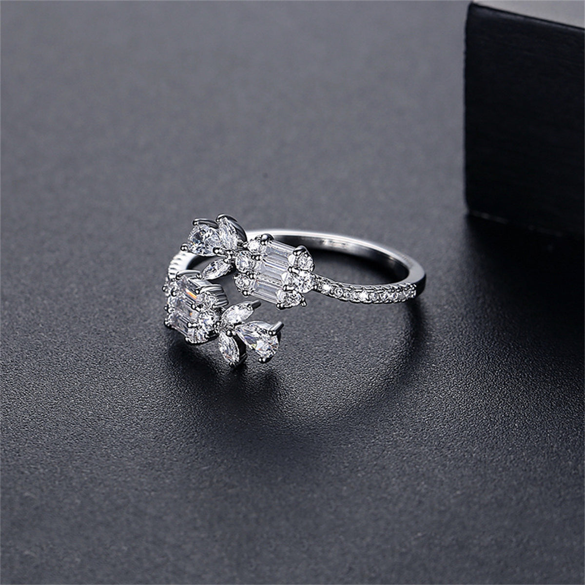 Crystal and Cubic Zirconia Silver-Plated Botanical Bypass Ring, silver statement rings for women, everyday style, front view