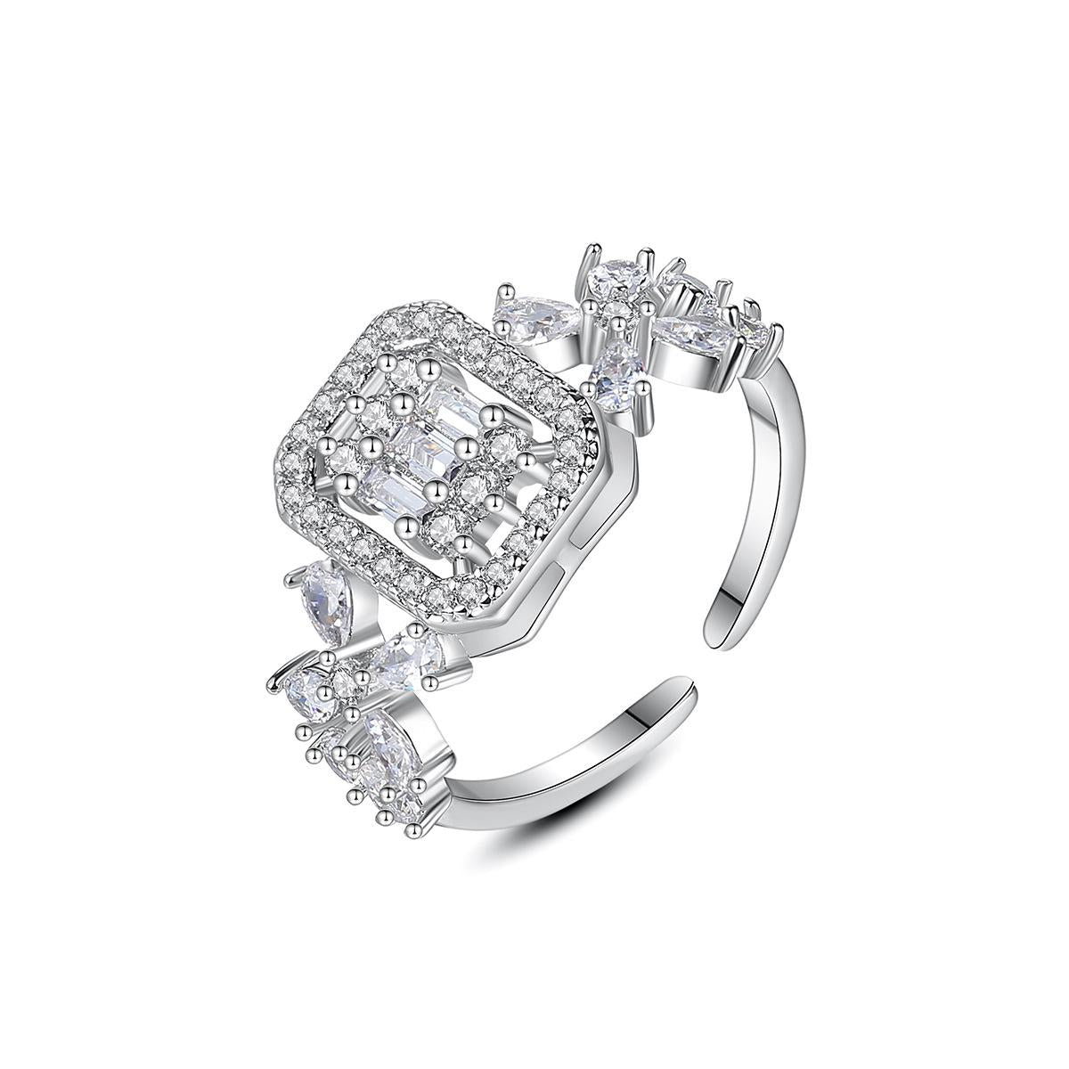 Crystal and Cubic Zirconia Square Open Ring, statement rings for women, dainty minimalist design, front view