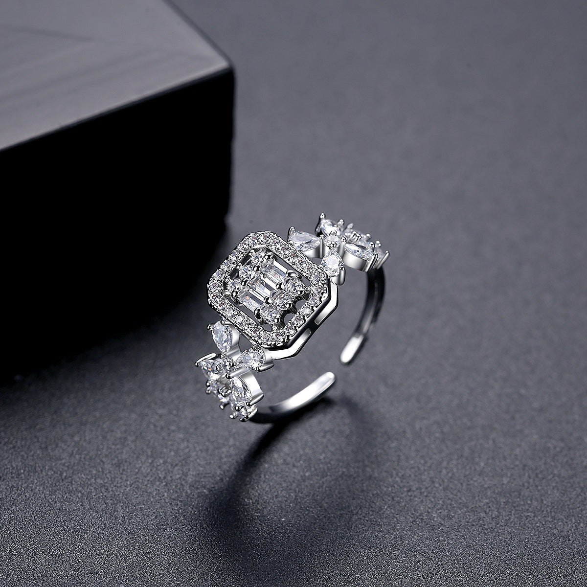 Crystal and Cubic Zirconia Square Open Ring, statement rings for women, dainty minimalist design, side view