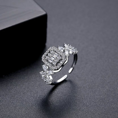 Crystal and Cubic Zirconia Square Open Ring, statement rings for women, dainty minimalist design, side view