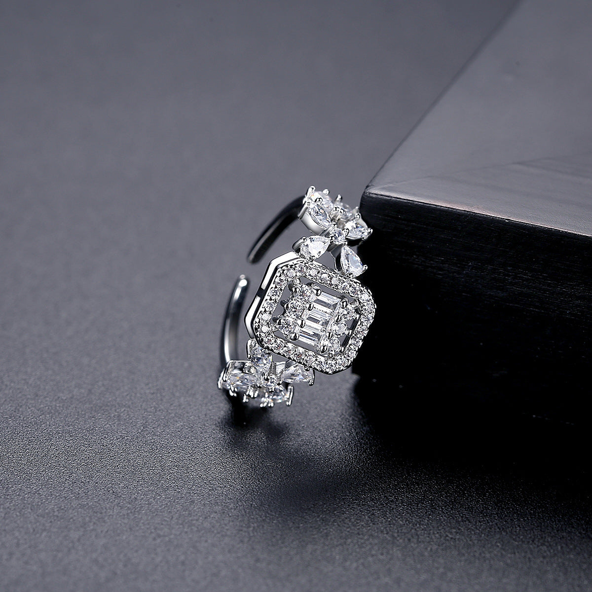 Crystal and Cubic Zirconia Square Open Ring, statement rings for women, dainty minimalist design, detail close-up