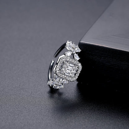 Crystal and Cubic Zirconia Square Open Ring, statement rings for women, dainty minimalist design, detail close-up