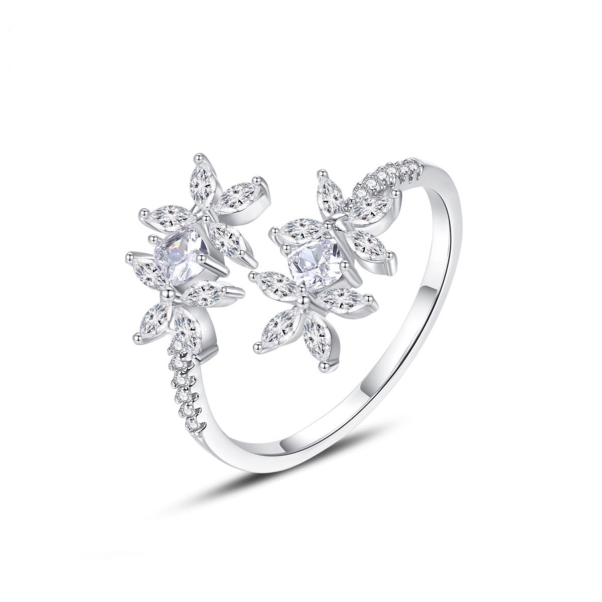 Crystal and Cubic Zirconia Silver-Plated Flower Bypass Ring, silver statement rings for women, front view