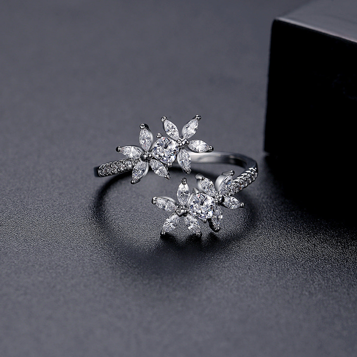 Crystal and Cubic Zirconia Silver-Plated Flower Bypass Ring, silver statement rings for women, side view