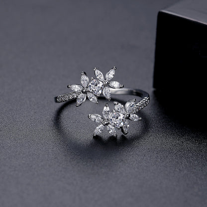 Crystal and Cubic Zirconia Silver-Plated Flower Bypass Ring, silver statement rings for women, side view