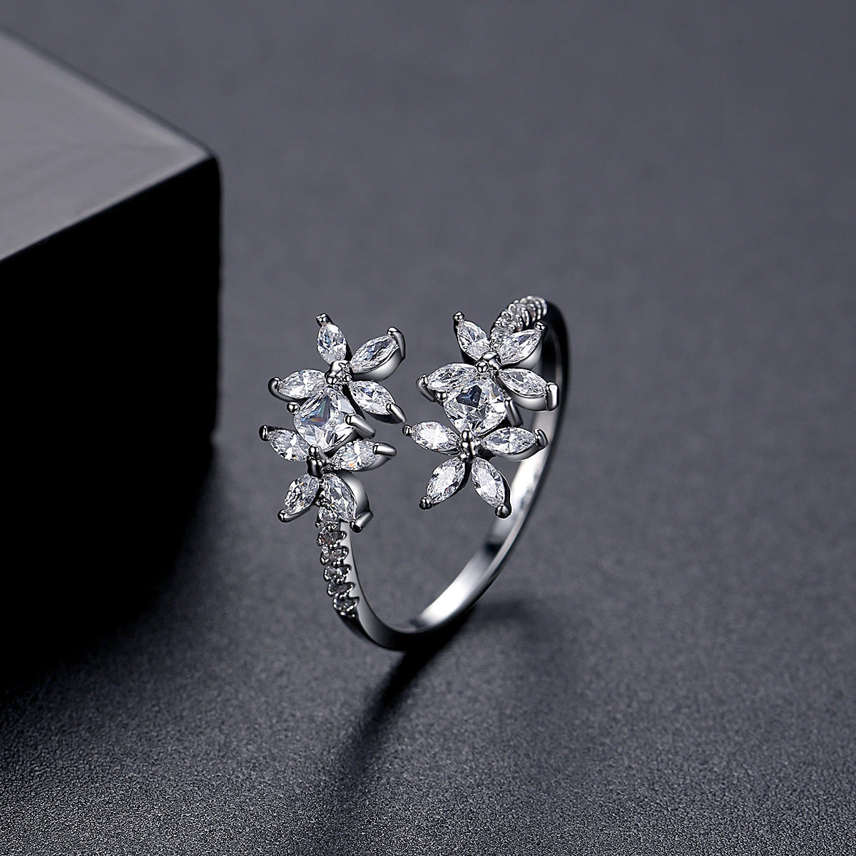 Crystal and Cubic Zirconia Silver-Plated Flower Bypass Ring, silver statement rings for women, detail close-up