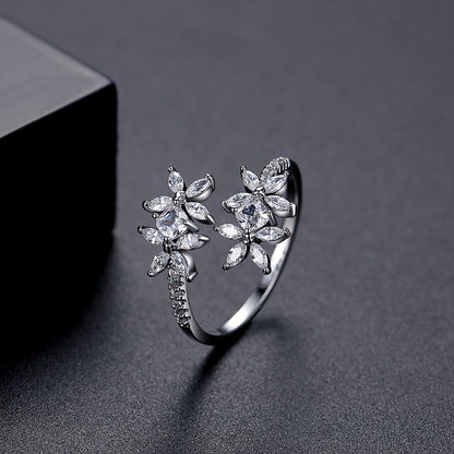Crystal and Cubic Zirconia Silver-Plated Flower Bypass Ring, silver statement rings for women, detail close-up