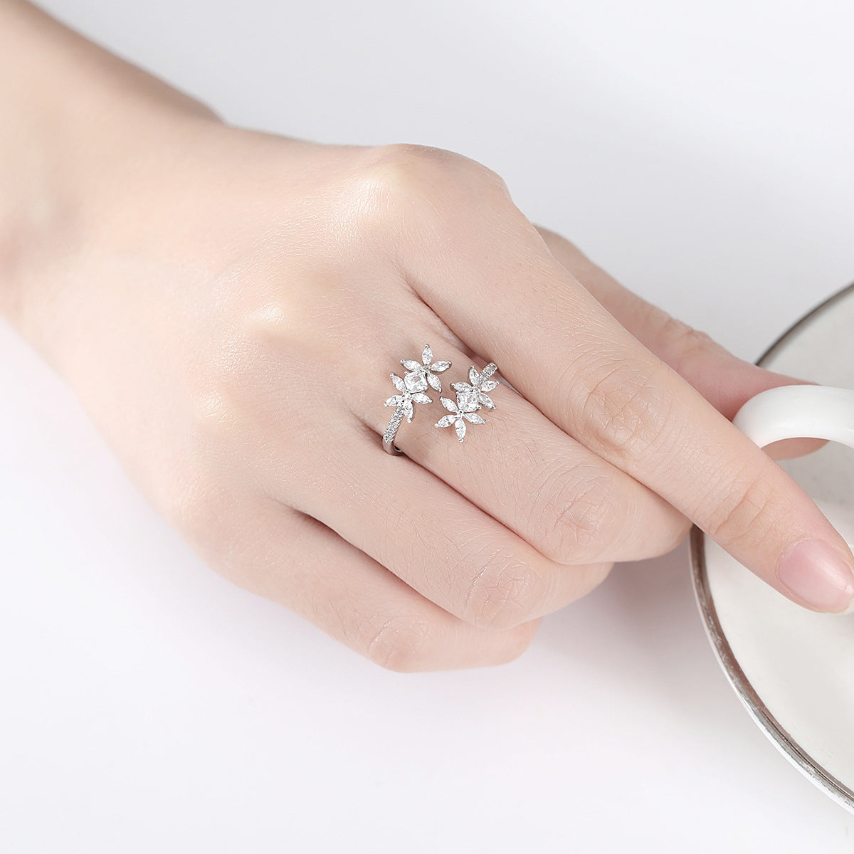 Crystal and Cubic Zirconia Silver-Plated Flower Bypass Ring, silver statement rings for women, lifestyle look