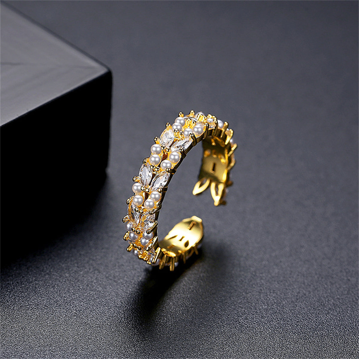 Pearl and 18K Gold-Plated Stacked Open Ring, gold statement rings for women, elegant gift for her, side view