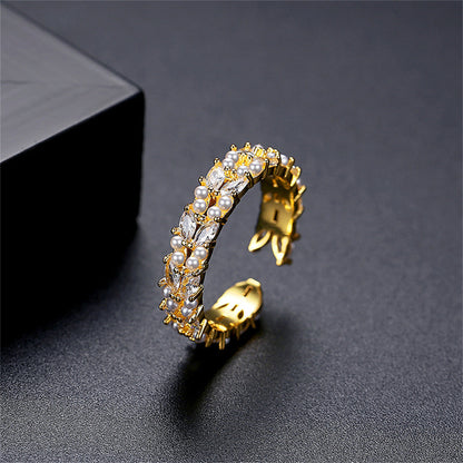 Pearl and 18K Gold-Plated Stacked Open Ring, gold statement rings for women, elegant gift for her, side view