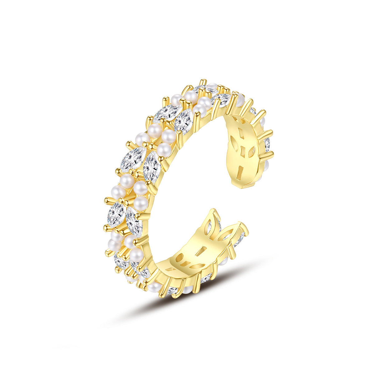 Pearl and 18K Gold-Plated Stacked Open Ring, gold statement rings for women, elegant gift for her, front view