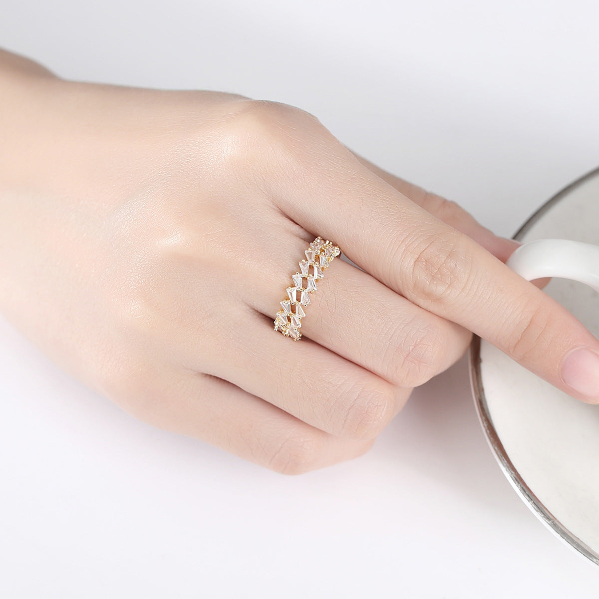 Crystal and 18K Gold-Plated Stacked Open Ring, gold statement rings for women, botanical inspired, detail close-up