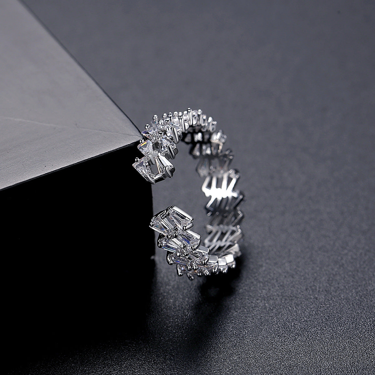 Crystal and Silver-Plated Stacked Open Ring, silver statement rings for women, botanical inspired, front view