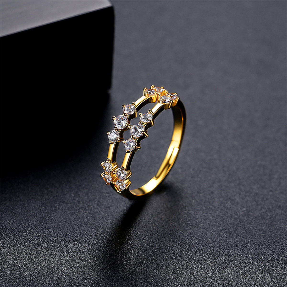 Cubic Zirconia and 18K Gold-Plated Layered Adjustable Ring, gold statement rings for women, elegant gift for her, side view