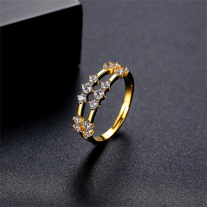 Cubic Zirconia and 18K Gold-Plated Layered Adjustable Ring, gold statement rings for women, elegant gift for her, side view