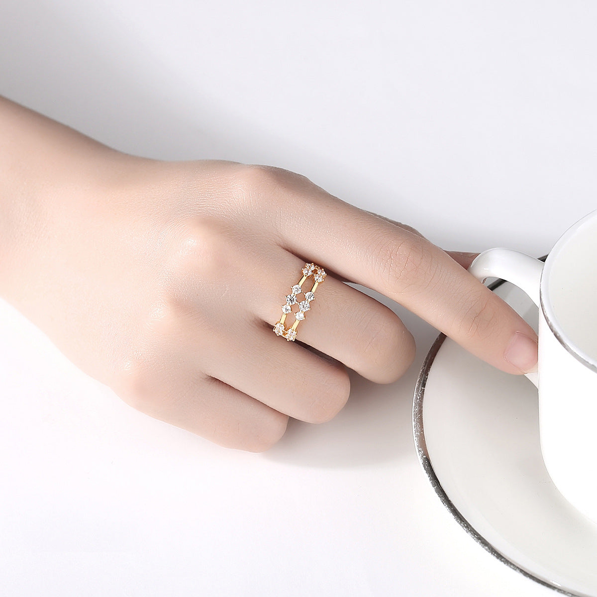 Cubic Zirconia and 18K Gold-Plated Layered Adjustable Ring, gold statement rings for women, detail close-up