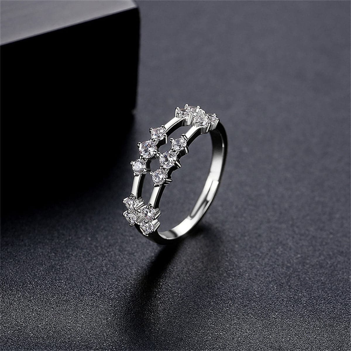 Cubic Zirconia and Silver-Plated Layered Adjustable Ring, silver statement rings for women, front view