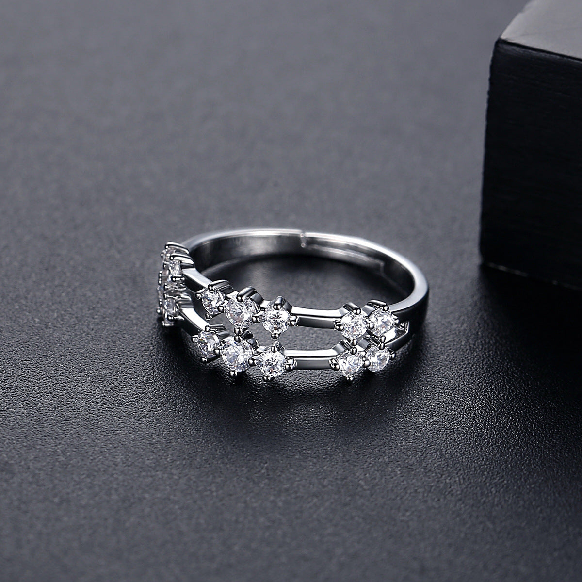 Cubic Zirconia and Silver-Plated Layered Adjustable Ring, silver statement rings for women, side view