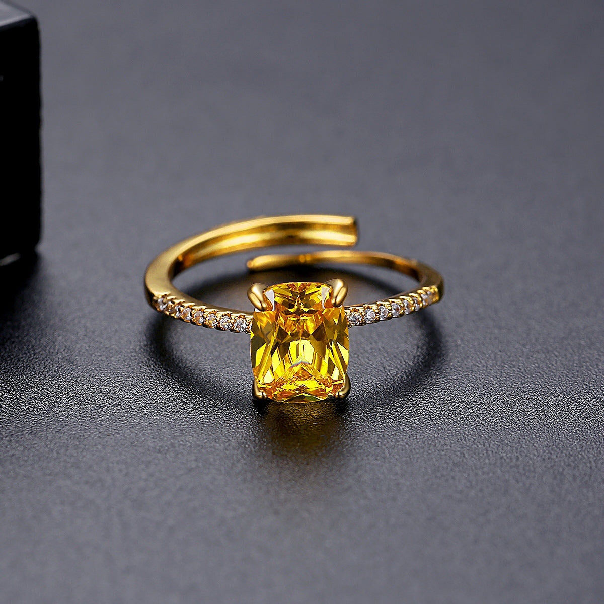 Yellow Crystal and Cubic Zirconia 18K Gold-Plated Adjustable Ring, gold statement rings for women, detail close-up