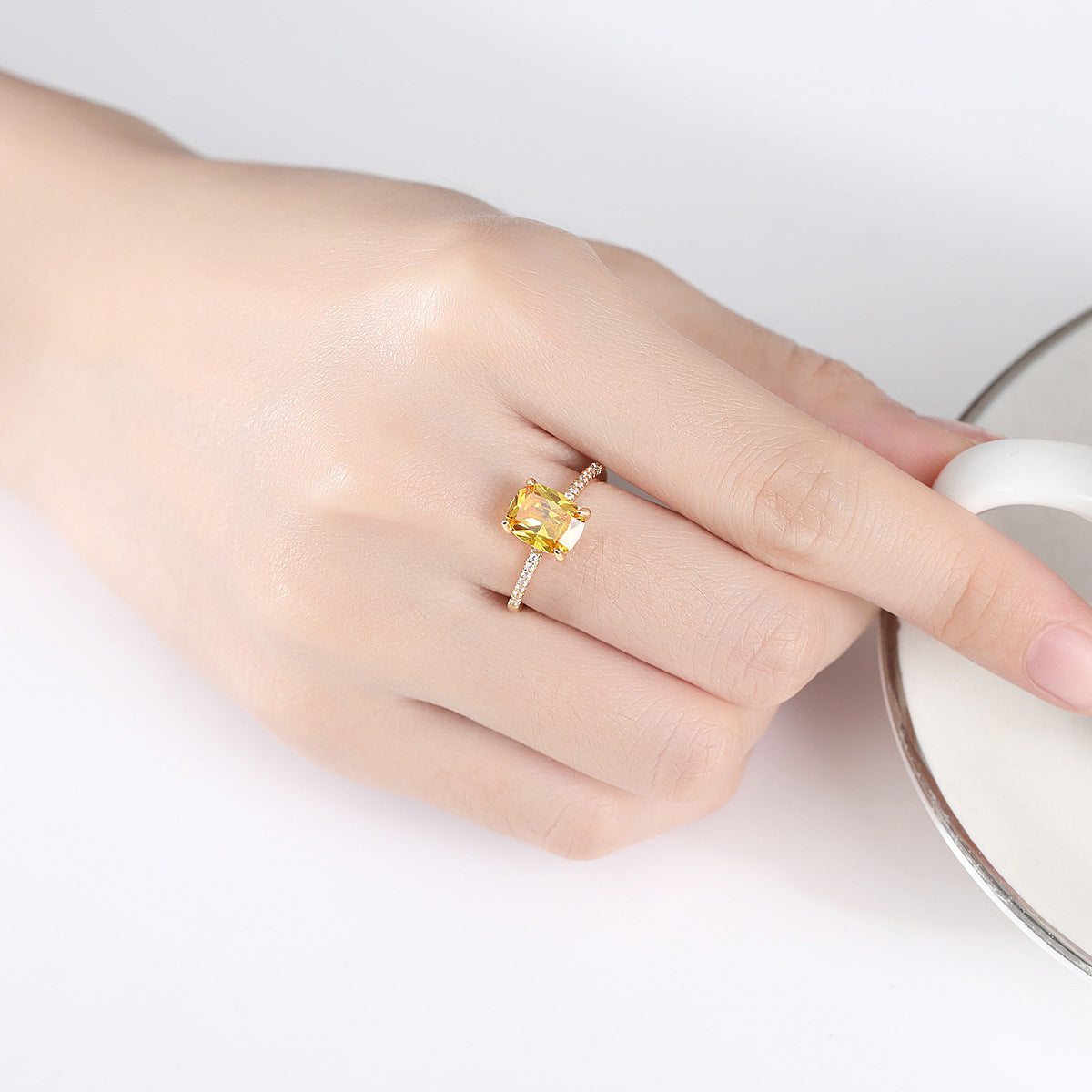 Yellow Crystal and Cubic Zirconia 18K Gold-Plated Adjustable Ring, gold statement rings for women, lifestyle look