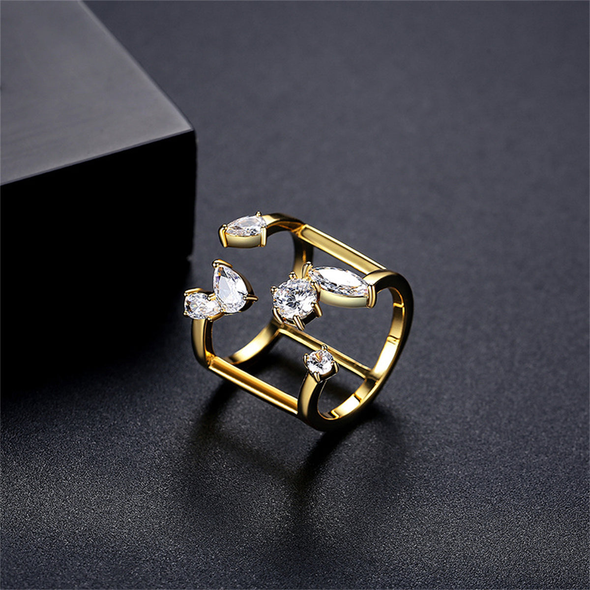 Crystal and 18K Gold-Plated Open Ring, gold statement rings for women, botanical inspired, side view