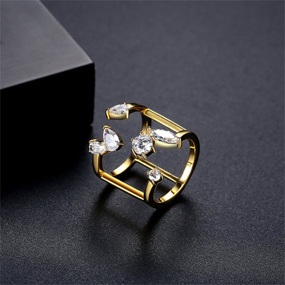 Crystal and 18K Gold-Plated Open Ring, gold statement rings for women, botanical inspired, side view