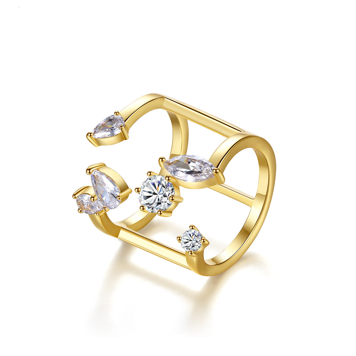 Crystal and 18K Gold-Plated Open Ring, gold statement rings for women, botanical inspired, front view