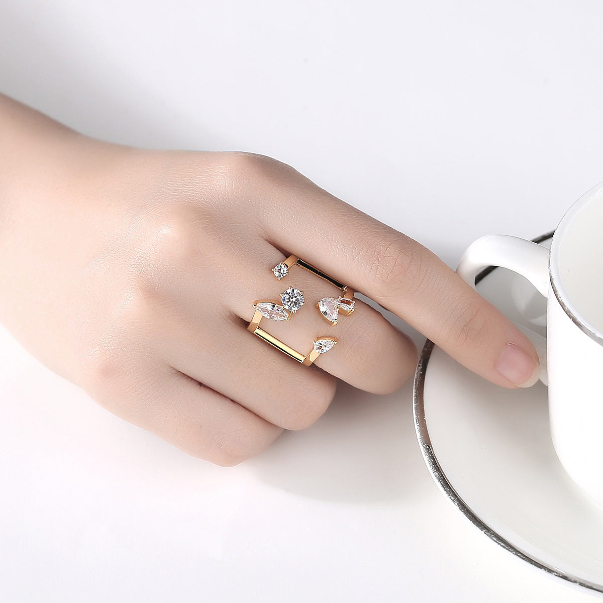 Crystal and 18K Gold-Plated Open Ring, gold statement rings for women, botanical inspired, detail close-up
