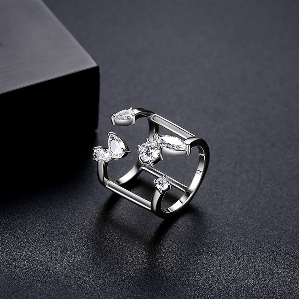 Crystal and Silver-Plated Open Ring, silver statement rings for women, vintage-inspired design, front view