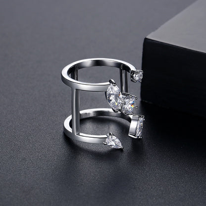Crystal and Silver-Plated Open Ring, silver statement rings for women, vintage-inspired design, side view