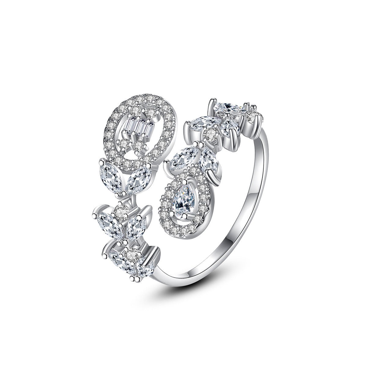 Crystal and Cubic Zirconia Silver-Plated Rattan Bypass Ring, silver statement rings for women, front view